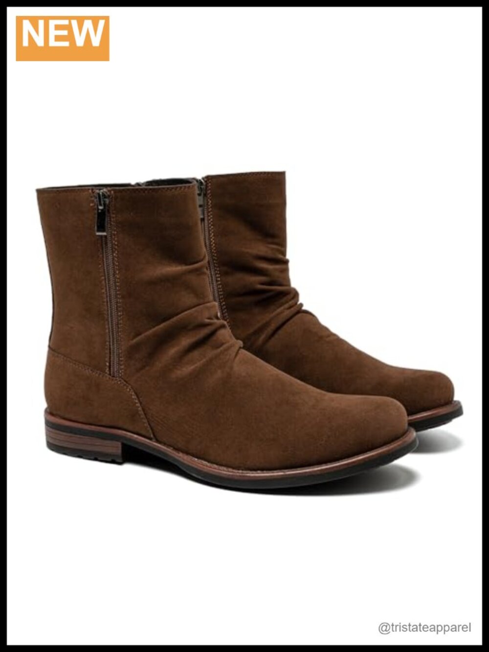 Mens Suede-Look Slouch Zip Boot Ruched Mid-Calf Rounded Toe Low Heel